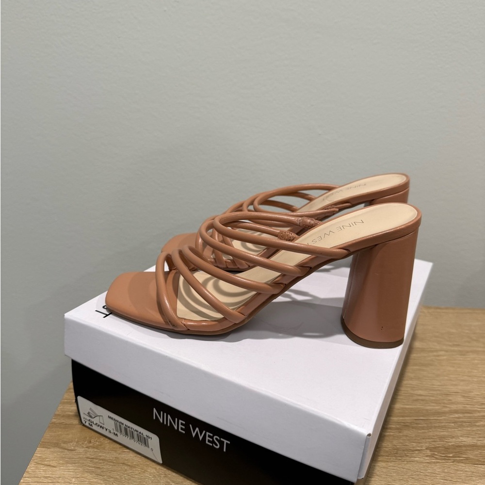 Nine West Strappy Block Heel Mules in Tan